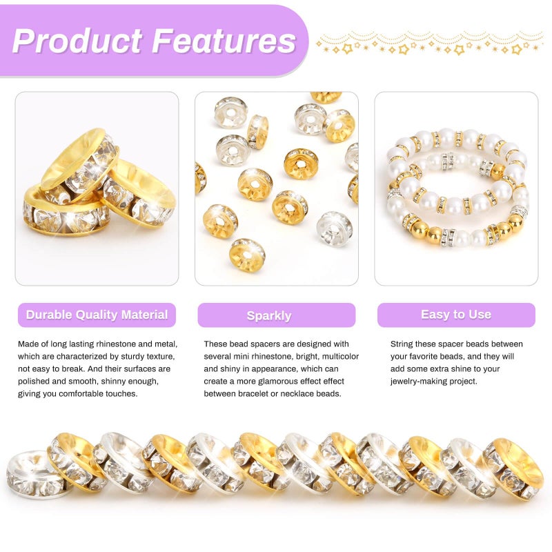 shynek Rondelle Spacer Beads for Jewelry Making  600 Pieces Rhinestone Spacer Beads Crystal Bead Spacers for Bracelets  Focal Beads for Pens(Silver and Gold) - Image 4